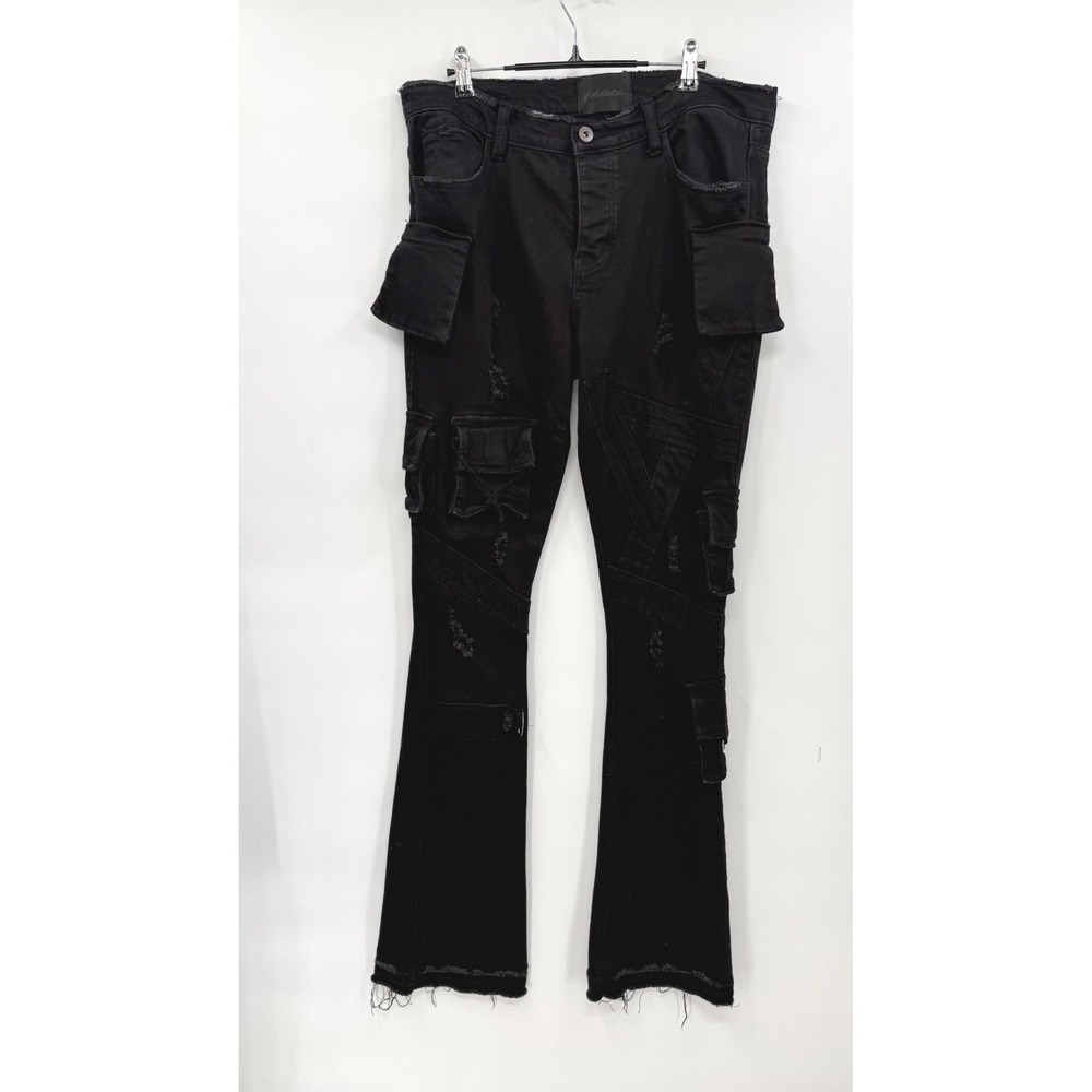 Valabasas 34 Cargo Jeans Mens Black Distressed Flared Tactical‎ Multi-Pocket